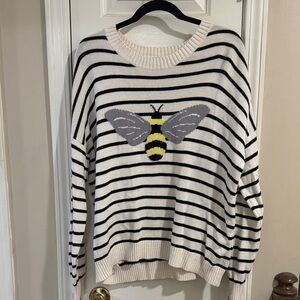 LOFT Cream and Black Striped Sweater with Bee Design